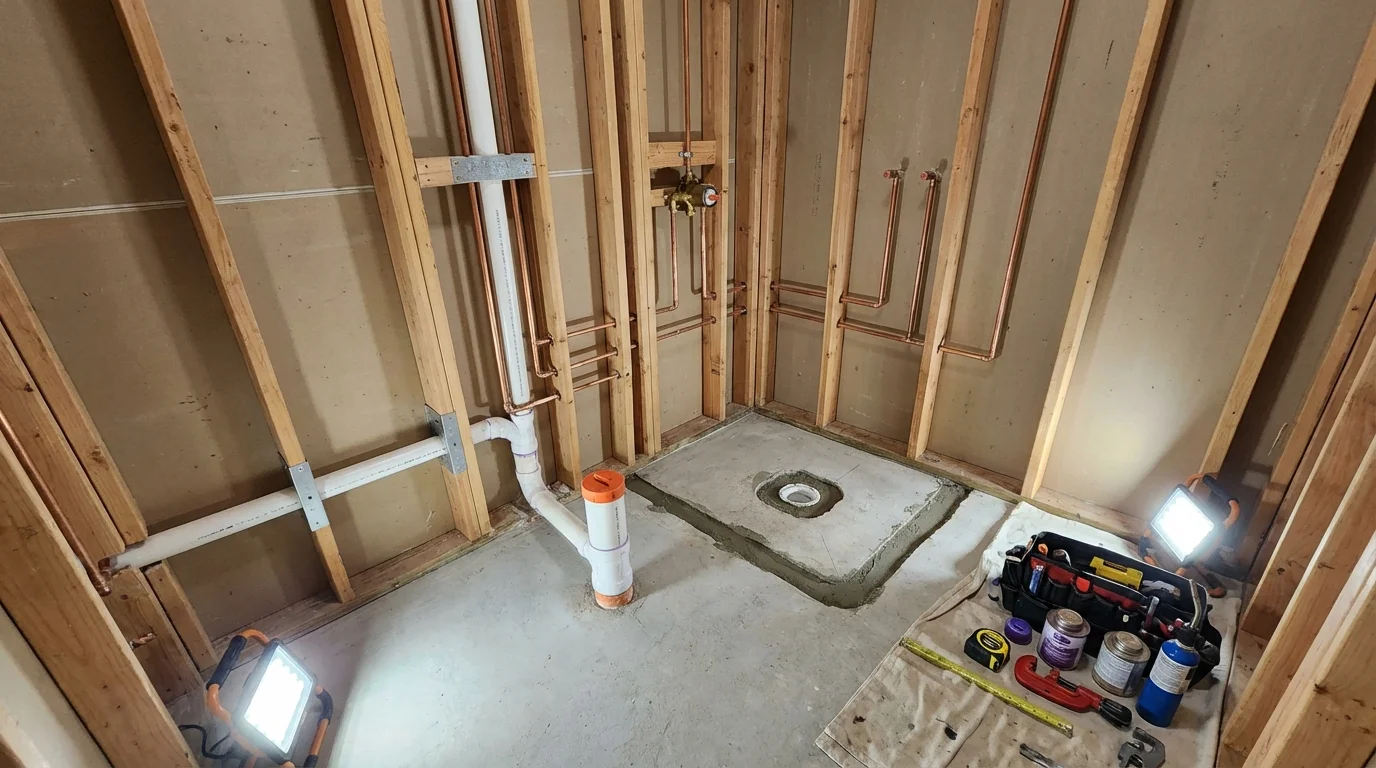 Bathroom rough-in plumbing during remodel by Johns Plumbing LLC in Clarion