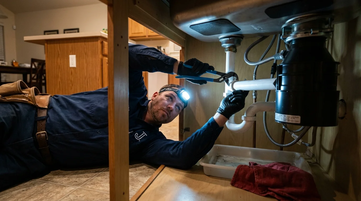 P-trap and supply line connections under a kitchen sink showing a common leak point in Clarion, PA